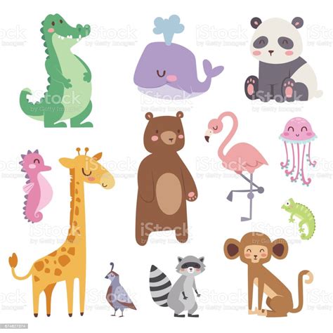 Cute Zoo Cartoon Animals Isolated Funny Wildlife Learn Cute Language And Tropical Nature Safari