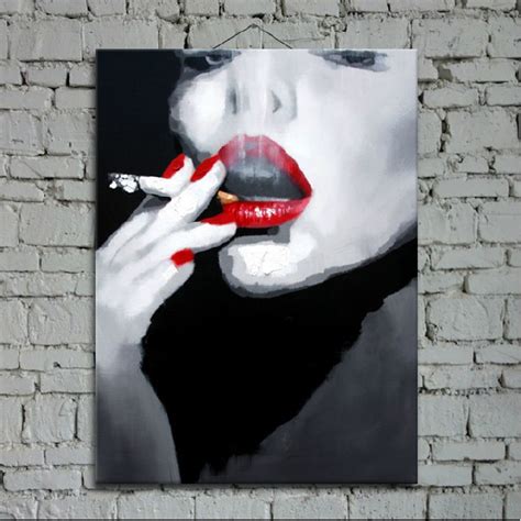 Handpainted On Canvas Black And White Sexy Woman Red Lips Modern