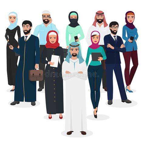 Arab Muslim Business People Teamwork Arabic Cartoon Vector