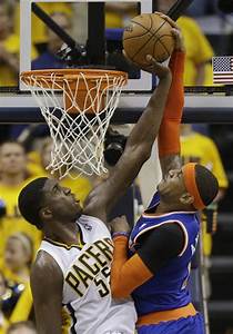 Roy Hibbert blocks Carmelo Anthony in the conference semi-finals