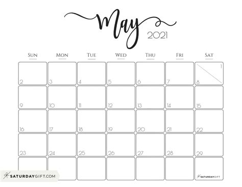 Cute And Free Printable May 2021 Calendar Saturdayt