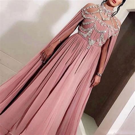 Pink Muslim Evening Dresses A Line Illusion High Neck Crystal Chiffon Islamic Dubai Kaftan Saudi