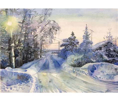 Original Watercolor Painting Christmas Village Russian Winter Winter