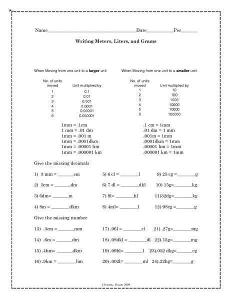 Writing Meters Liters And Grams Worksheet For 7th 9th Grade Lesson