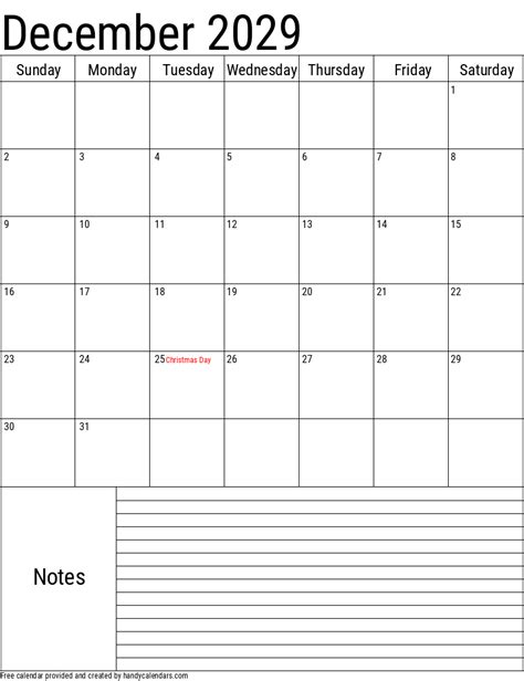December 2029 Vertical Calendar With Notes And Holidays Handy Calendars