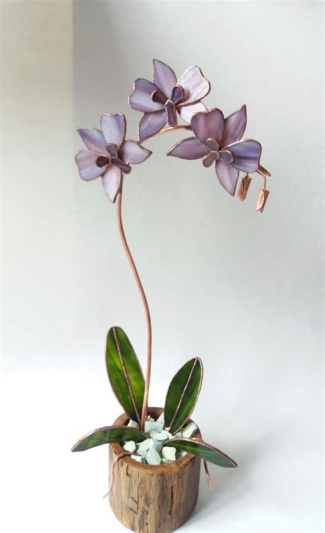 Flower Orchid Stained Glass Flowers With Copper Stems And Wood Etsy