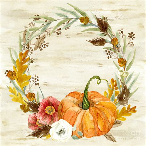Fall Autumn Harvest Wreath On Birch Bark Watercolor Painting By Audrey