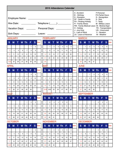 Printable Employee Attendance Calendar Printable Templates