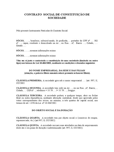 Contrato Social De Constituição De Sociedade Pdf Folha De Balanço