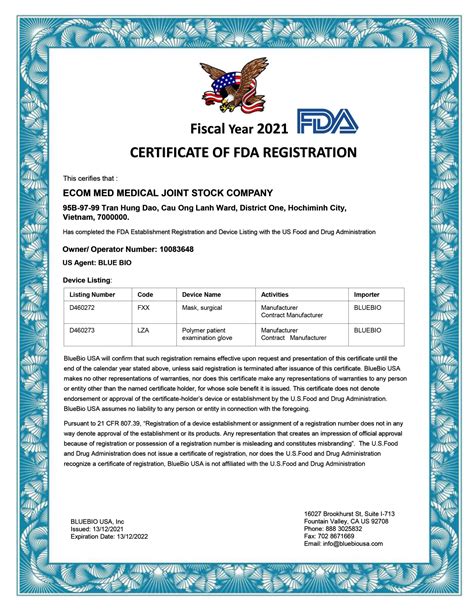 The Us Food And Drug Administration Fda Certificate Of Registration
