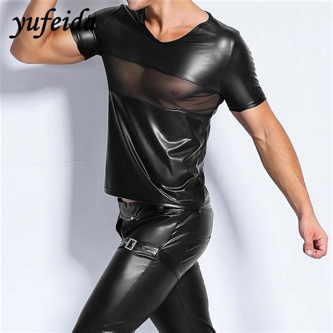 Yufeida Sexy Men Faux Leather With Mesh T Shirt Mens Top Set Black Pu