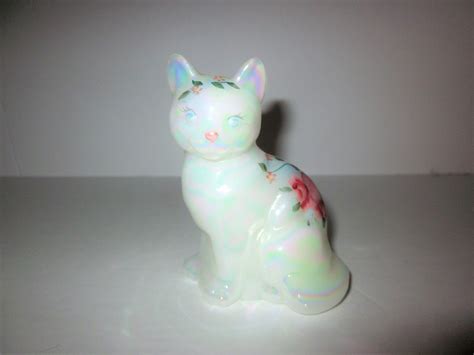 Hand Painted Fenton Opalescent Glass Cat Figurine Fenton Cat Fenton Hand Painted Opalescent