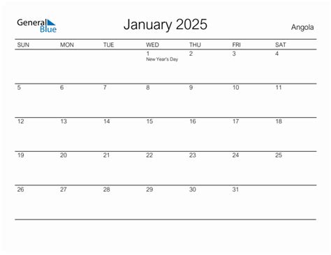 January 2025 Monthly Calendar With Angola Holidays