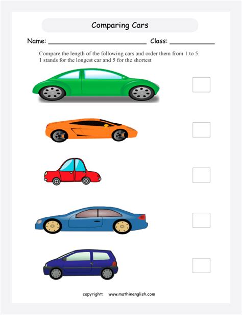 Compare These Cars And Order Them From 1 To 5 From Long To Short