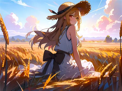 download wallpaper 3072x2304 girl hat dress field anime hd background