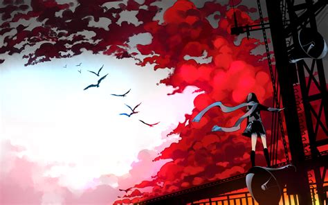 Wallpaper Illustration Birds Anime Girls Red Silhouette Clouds