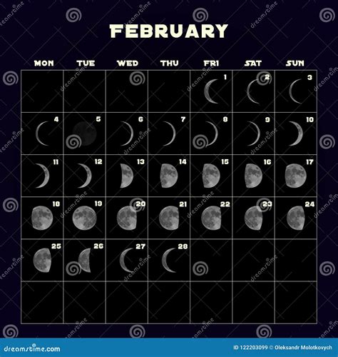 Moon Phases Calendar For 2019 With Realistic Moon February Vector