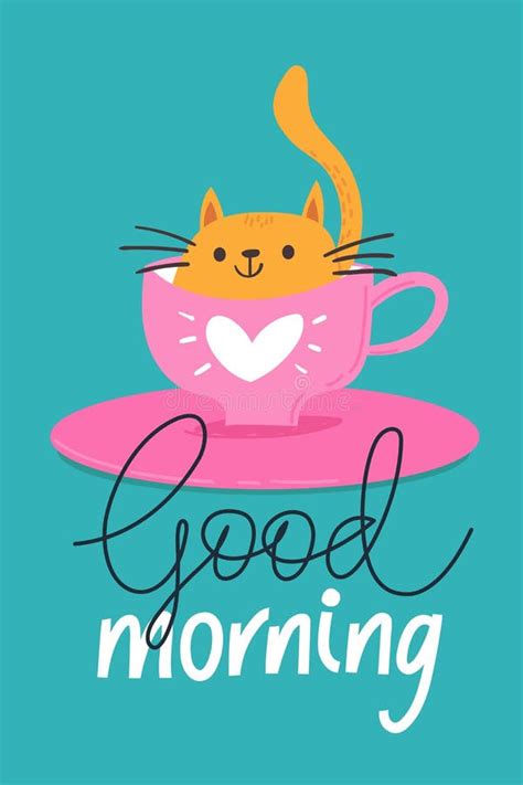 Trendy Poster With Cute Cartoon Cat And Good Morning Quote Stock