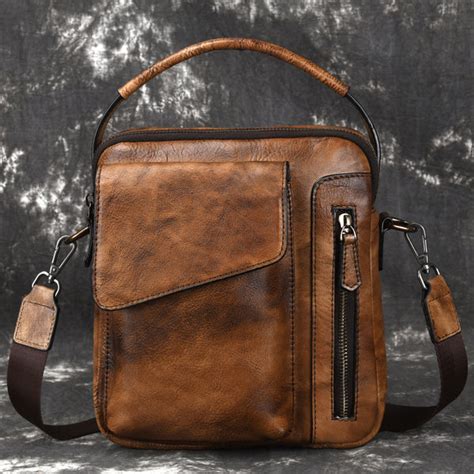 Vintage Brown Leather Mens Small Side Bag Vertical Business Handbag B