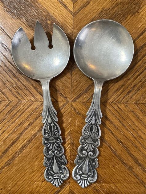Hagness Pewter Salad Serving Spoon And Fork 209 Ornate Handle Mcm Norway