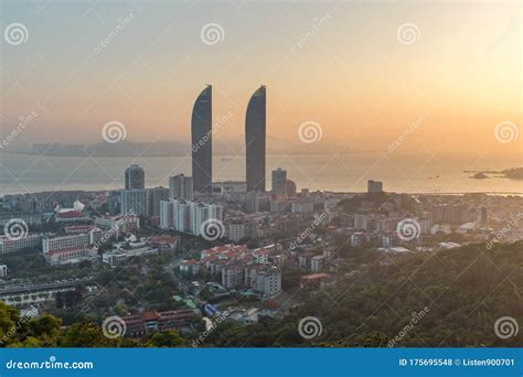 Aerial View Of Xiamen Cityscapes At Dusk Skyline And The Seascape