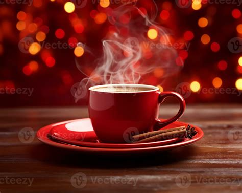 Steaming Cup Of Coffee Set On A Vibrant Red Plate Ai Generated