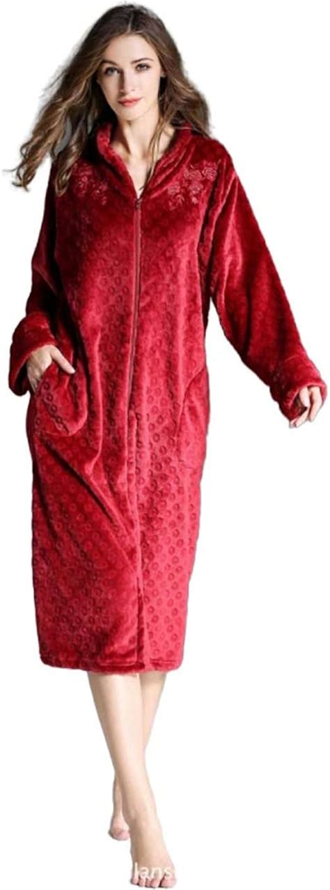 Dhl Womens Zip Up Fleece Robe Full Length Warm Flannel Velvet