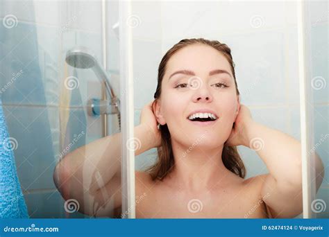 Woman Showering In Shower Cabin Cubicle Stock Photo Image Of Closeup