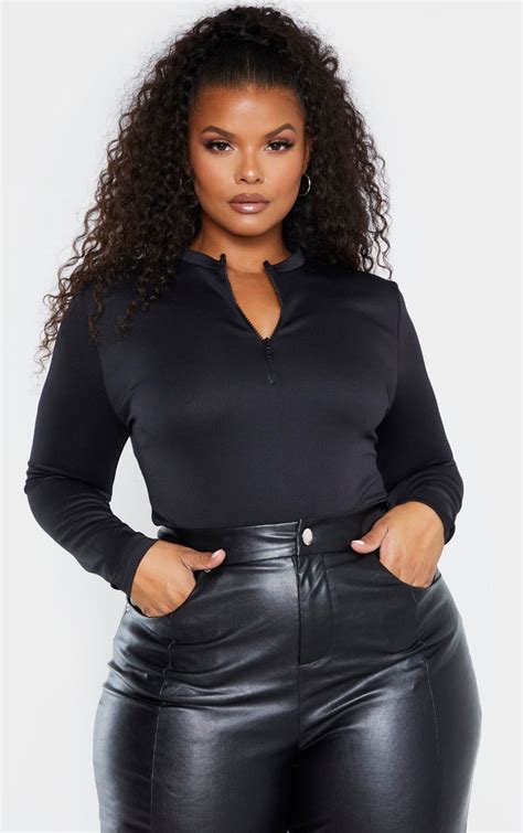 Plus Black Zip Detail High Neck Bodysuit In 2020 High Neck Bodysuit Curvy Girl Fashion Curvy