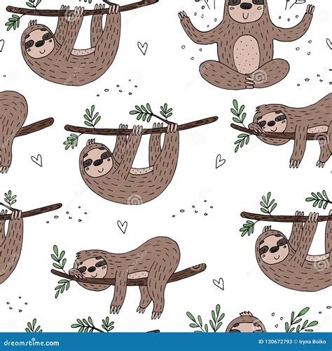 Seamless Pattern With Cute Doodle Sloth Print Stock Vector
