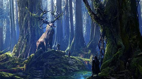 Hd Wallpaper Fantasy Druid Forest Moss River Stag Wallpaper Flare