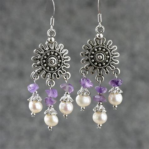 Pearl Amethyst Flower Chandelier Dangling Earrings Bridesmaids Gifts