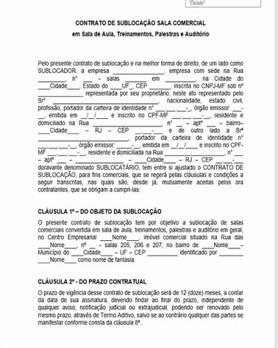 Modelo De Contrato De Sublocação De Sala Comercial Por Hora Período