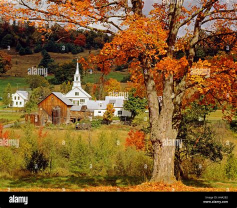 Church And Village Of Waits River Vermont Usa Fall Foliage Stock Photo