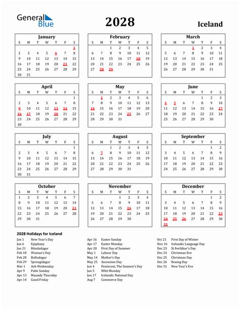 Free Printable 2028 Iceland Holiday Calendar