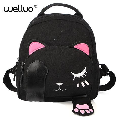 Cute Cat Backpack Female Canvas Leather Patchwork Embroidery Backpacks