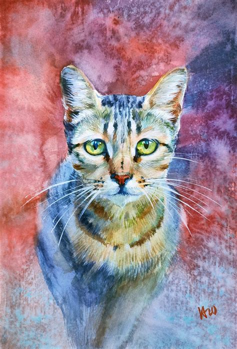 Cat Watercolor Painting Pet Lover Art Cat Portrait Striped Cat Etsy Uk