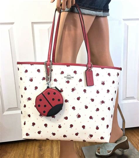 Coach Ladybug Reversible City Tote Purse Pouch Bag Charm Nwt Coach