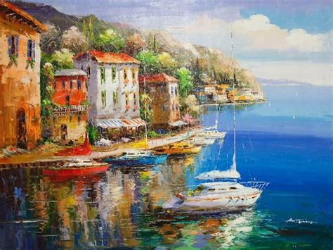 Sorrento Harbour Italy Original Oil Painting 36 X 48 By Intlart