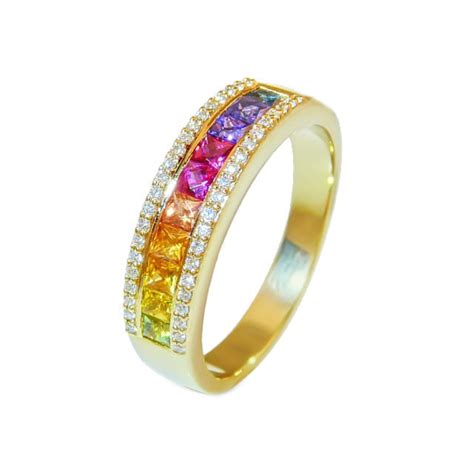 Rainbow Sapphire Half Eternity 18ct Yellow Gold Ring With Diamond Edge John Start Jewellery