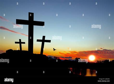 Easter Day Three Crosses On Mountain At Sunrise Stock Photo Alamy