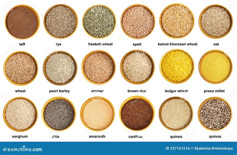 Set Of Various Cereal Grains In Bowls With Names Stock Photo Image Of