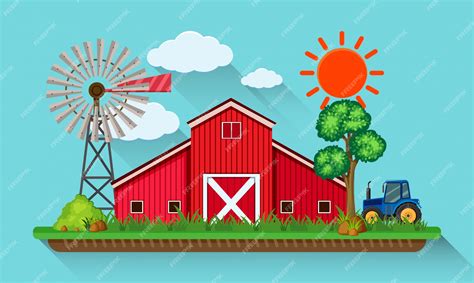 Premium Vector | Big red barn and blue tractor