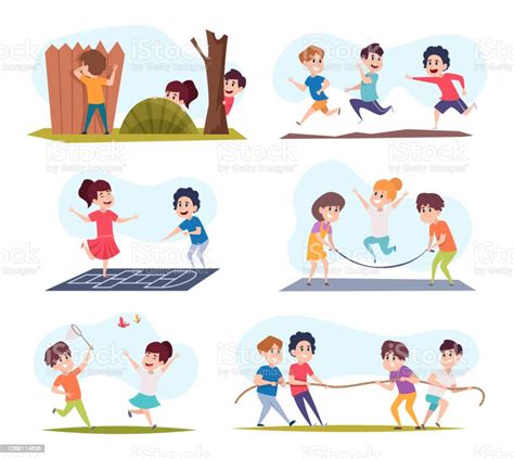 aktive kinder jungen und mädchen ziehen seil laufen springen und spielen in outdoor aktiven