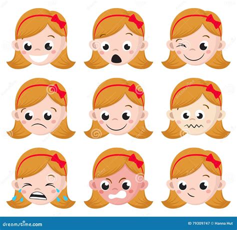Girl Emotion Faces Cartoon Isolated Set Of Female Avatar Expressions