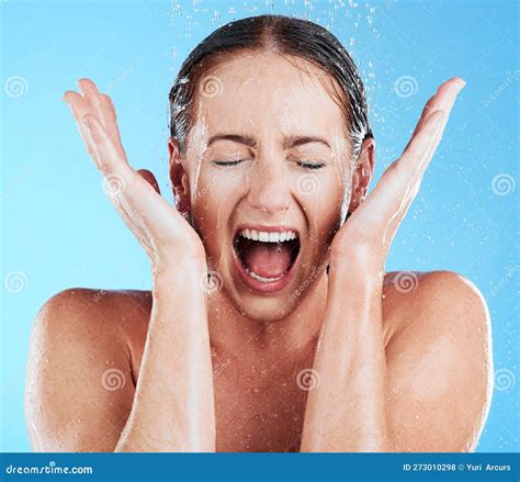 Shower Water And Excited Woman In A Studio Feeling Happy From Cleaning