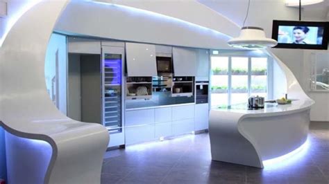 Futuristic Kitchen With Curved Lines And Neon Lights Futuristic
