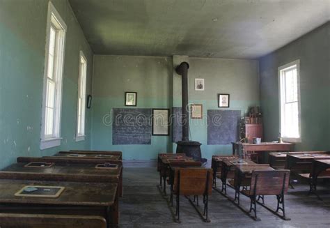 Inside One Room Schoolhouse Desks And Wood Stove Stock Image Image Of