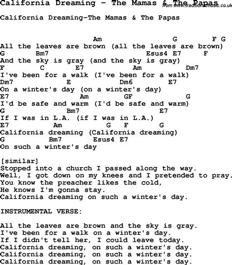 Song California Dreaming By The Mamas And The Papas With Lyrics For Vocal Performance And