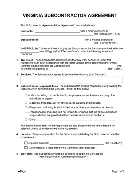 Free Virginia Subcontractor Agreement Pdf Word